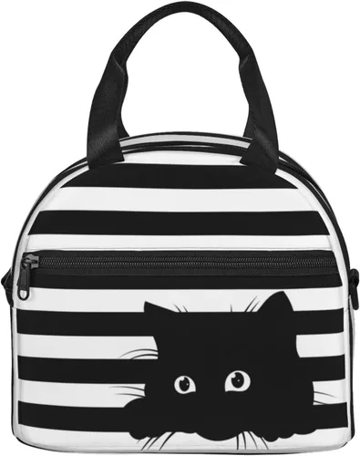 Vista 9 de Perinsto Bolsa de almuerzo a rayas blancas y negras con diseño de gatos, contenedor aislado reutilizable con correa de hombro ajustable, 9 x 5 x 7.8