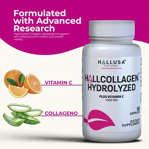 Vista 8 de Hallusa Natural Cápsulas de colágeno hidrolizado de 1000 mg con vitamina C - Suplemento antienvejecimiento para piel, cabello, uñas y articulaciones