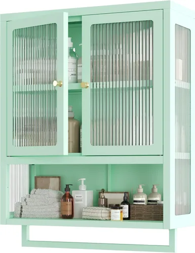 Vista 12 de Armario de pared de baño con 2 puertas de vidrio, botiquín de baño con barra de toallas y estantes, gabinete de almacenamiento sobre el inodoro