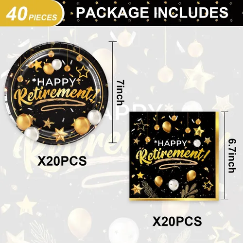 Vista 2 de 40 piezas de suministros para fiestas de jubilación, incluyen 20 platos negros y dorados, 20 servilletas, utilizados para decoración de fiesta