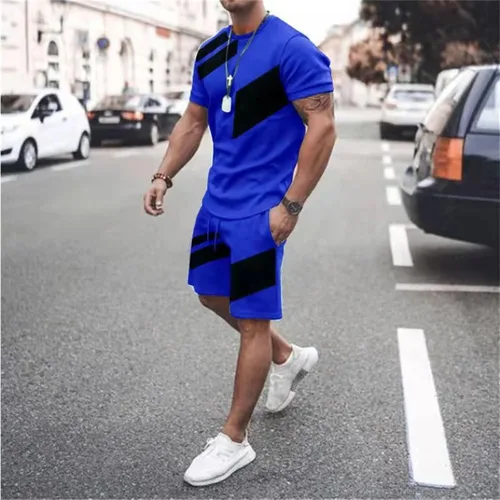 Vista 2 de Conjunto de camiseta y pantalones cortos para hombre, conjunto de 2 piezas, conjunto casual de verano con bolsillo, talla grande, deportivo