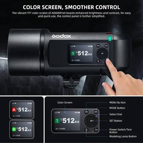 Vista 5 de GODOX AD600 Pro II AD600Pro II - Estroboscópico flash para exteriores, 2.4G TTL Studio Flash HSS 1/8000s, luz de modelado bicolor de 40 W, batería