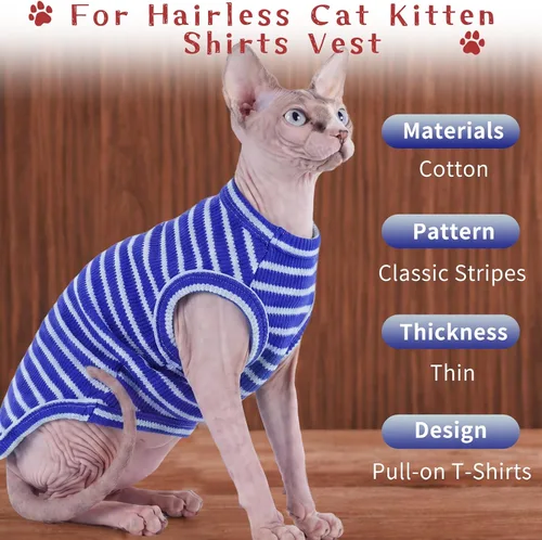 Vista 3 de BRKURLEG Camisa de punto para gatos, chaleco sin mangas para gatos Sphynx y perros pequeños, ropa suave de primavera y verano, camisetas Rayas azules