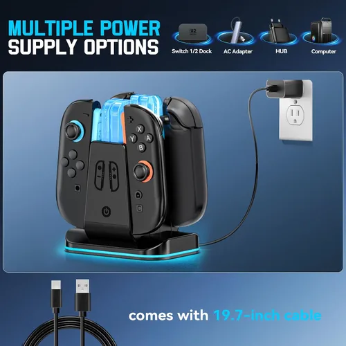 Vista 4 de Compatible con interruptor 21 Base de cargador Joycon controlador, soporte de carga magnético 8 en 1 para JoyCon 2, Switch 1 y OLED Joy