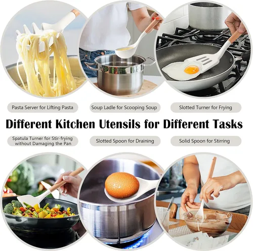 Vista 12 de Juego de utensilios de cocina HaWare, juego de espátulas de silicona de 23 piezas con soporte, utensilio de cocina con mango de madera resistente al