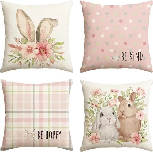 Vista 11 de AVOIN colorlife Juego de 4 fundas de cojín de Pascua con diseño de búfalo y flor de conejo de Pascua Be Hoppy Bule, 18 x 18 pulgadas, diseño