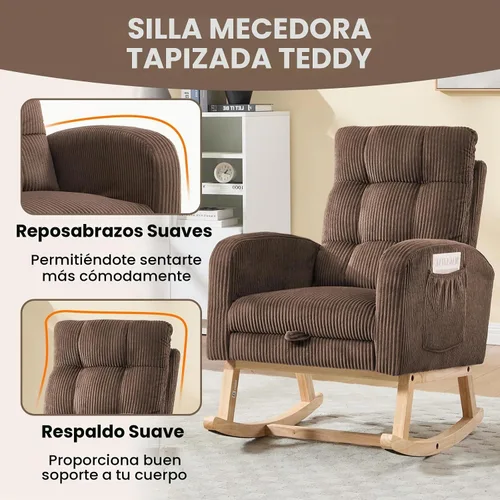 Vista 6 de NIOIIKIT Mecedora para guardería, mecedora tapizada de pana con reposapiés ajustable, silla mecedora copetuda con bolsillo lateral, mecedora café