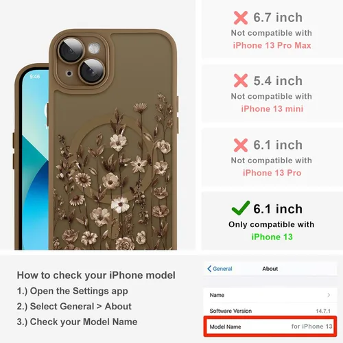 Vista 2 de Funda magnética para iPhone 13 con protector de pantalla [compatible con MagSafe], diseño de patrón floral de flores, a prueba de golpes, para Marrón