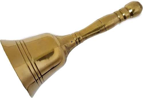 Vista 3 de GURU JEE™ Campana de latón tradicional india, campanilla de mano, pequeña campana para templo, campanilla de boda, cascabel de mano de Navidad
