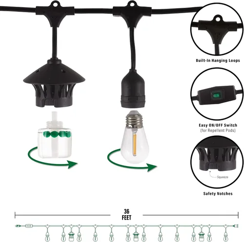 Vista 4 de TIKI BiteFighter Luces de Cadena LED para Exteriores Resistentes a la Intemperie con Repelente de Mosquitos Comprobado 36 Pies, Incluye 3 Cápsulas