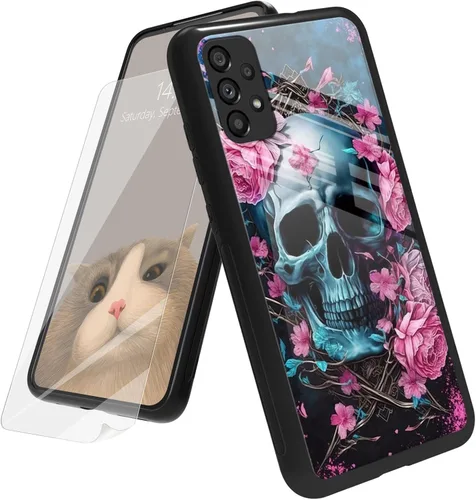 Vista 86 de Funda para Samsung Galaxy A12 5G con protector de pantalla, parte trasera de vidrio templado + TPU de silicona suave que absorbe los golpes