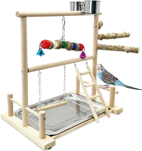 Vista 8 de kathson Parque infantil grande para pájaros, perca de madera natural, 4 capas, centro de actividades con perchas, escalera, juguetes para masticar