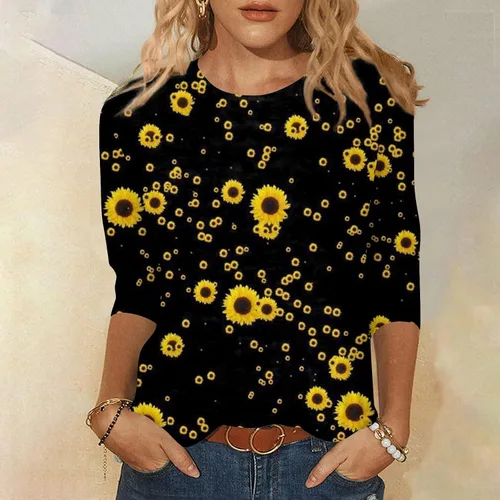 Vista 4 de Camisas para mujer, estilo casual, cuello redondo, manga tres cuartos, impresa, para mujer