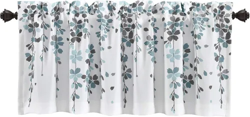 Vista 7 de Lush Decor Cenefa para ventana con flores que lloran, filtro de luz, azul y gris