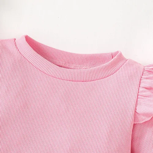 Vista 3 de OPAWO Camisetas de manga larga y corta con volantes para niña, blusa acanalada para niña, ropa para bebé, paquete de 2 unidades de 1 a 6 años