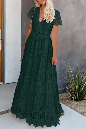 Vista 5 de PRETTYGARDEN - Vestido largo de encaje floral para mujer, manga corta, cuello en V, vestidos de fiesta para boda y para la noche