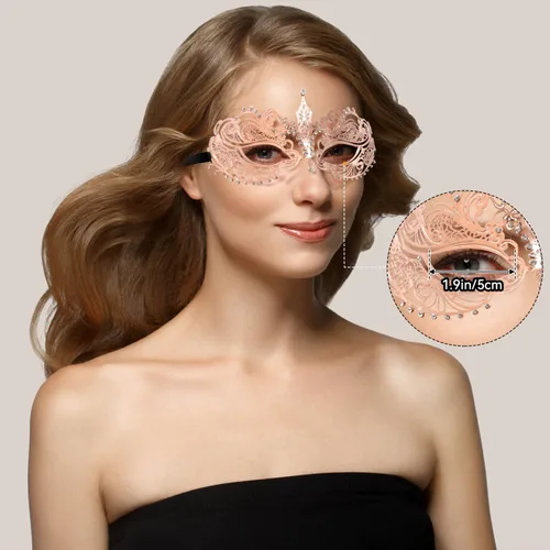Vista 3 de Coddsmz Máscara de metal cortada con láser para mujer, máscara veneciana de Mardi Gras, máscara de Halloween 1-oro rosa
