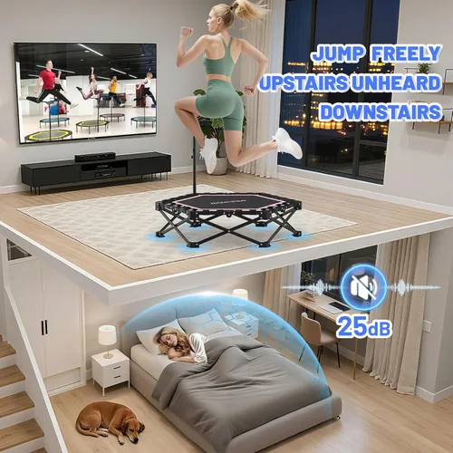 Vista 4 de HXD-ERGO - Minitrampolín plegable de 42 pulgadas, cama elástica con mango de espuma ajustable, trampolín de fitness para interiores, exteriores Azul