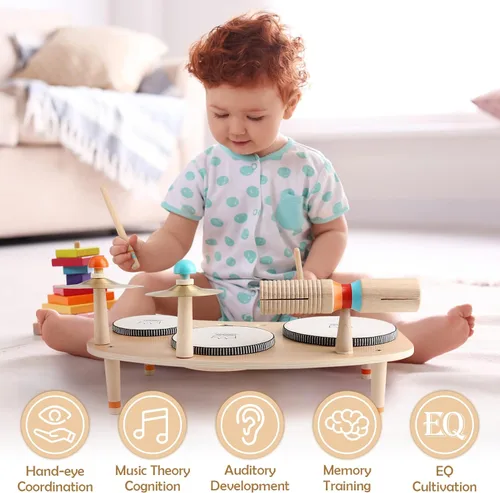 Vista 2 de Juego de batería para niños pequeños de 3 años en adelante, instrumentos musicales Montessori 8 en 1, juguetes musicales de madera para bebé