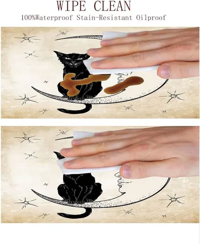 Vista 6 de Mantel redondo, mantel de luna para mesa auxiliar, gato negro sentado en luna creciente blanca, se adapta a mesas redondas de 61 pulgadas