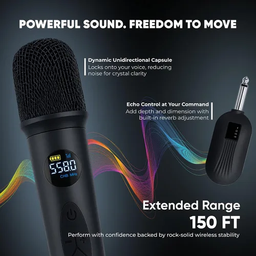 Vista 2 de Sistema de Micrófono Inalámbrico Bowens – Micrófono Inalámbrico para Karaoke con Receptor, Control de Eco, Pantalla LCD, Carga USB-C, Adaptador