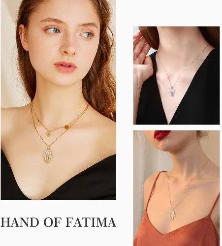 Vista 2 de Suplight Collar de plata de ley 925 con estrella judía de David, acero inoxidable, chapado en oro, mano islámica de corazón de Fátima, collares