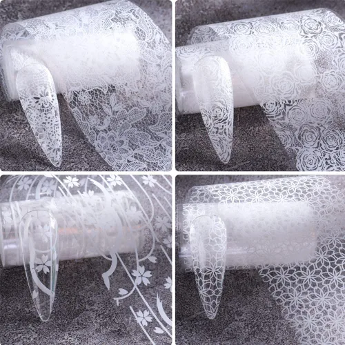 Vista 7 de Calcomanías de transferencia de papel de aluminio de encaje para decoración de uñas, calcomanías de transferencia de flores blancas y negras
