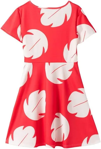 Vista 6 de Vestido de cosplay para mujer, vestido rojo de manga corta hasta la rodilla, casual, diario, fiesta de noche, vestido rojo Lilo, vestido de hoja