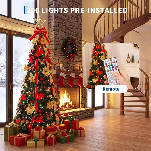 Vista 5 de Árbol de Navidad desplegable de 6 pies, árbol de Navidad preiluminado con Árbol de Navidad plegable con 200 luces LED preiluminadas, proyecta