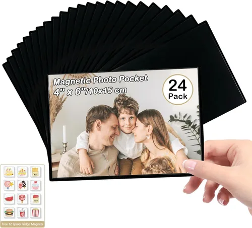 Vista 13 de Marco magnético para fotos, capacidad para fotos de 4 x 6 pulgadas, fundas negras reutilizables para nevera, taquilla, gabinete de oficina