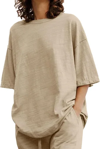 Vista 2 de OPOIPIN Women's Cotton Linen Baggy Round Neck Pajamas Short Sleeve Top with Long Pants Sleepwear PJ Set with Pockets