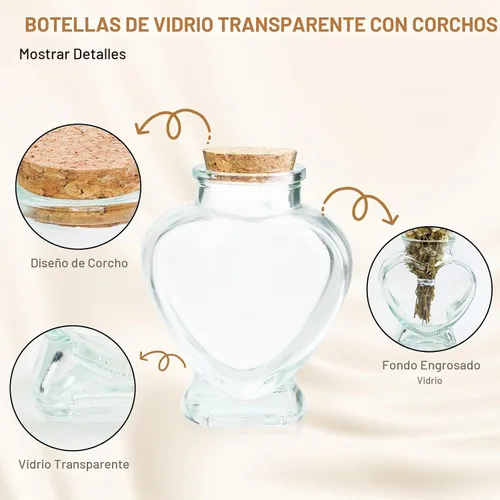 Vista 6 de FJNATINH Botella de cristal con forma de corazón con tapón de corcho, tarros decorativos pequeños de 1.7 onzas líquidas para decoración del hogar