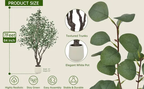 Vista 2 de Árbol de eucalipto artificial de 7 pies con 1470 hojas y maceta