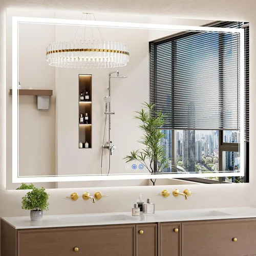 Vista 32 de Espejo de baño LED de 22 x 30 pulgadas con luces, antiniebla, retroiluminado + luz frontal, regulable, espejo de tocador LED para pared, espejo