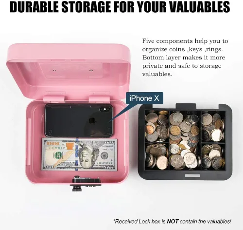 Vista 7 de KYODOLED Caja de dinero con cerradura con cerradura, caja de dinero con bandeja para efectivo, caja fuerte con cerradura con llave, organizador