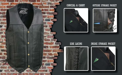 Vista 2 de EVENT LEATHER EL1310GO Hombres Clásico Estilo Occidental Botón de Presión Negro Chaleco de Cuero para Motociclistas