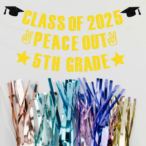 Vista 4 de Banner de 5º grado de clase de 2025, pancarta de graduación de 5º grado con purpurina dorada, decoraciones de fiesta de graduación de 5º grado 2025