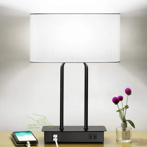 Vista 11 de Lámpara de mesa con control táctil y puertos de carga USB duales, 1 salida de CA, lámpara de mesita de noche moderna regulable de 3 vías con Crema