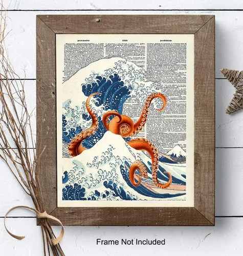 Vista 7 de Arte de Pared Decorativo Diccionario Pulpo Ola Kanagawa Japonés - Decoración Retro para el Hogar Reciclada de 8x10 pulgadas para Oficina