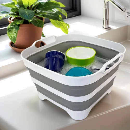 Vista 3 de SAMMART Tina de lavado de plástico plegable de 10 L (2.6 galones) con tapón de drenaje, bandeja plegable - Tina de lavado portátil / lavabo