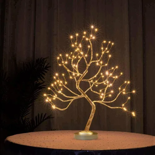 Vista 4 de Luz de árbol de bonsái dorada mate de 20 pulgadas, lámpara de mesa de árbol de luz de hadas artificial, ocho modos de iluminación, funciona con USB