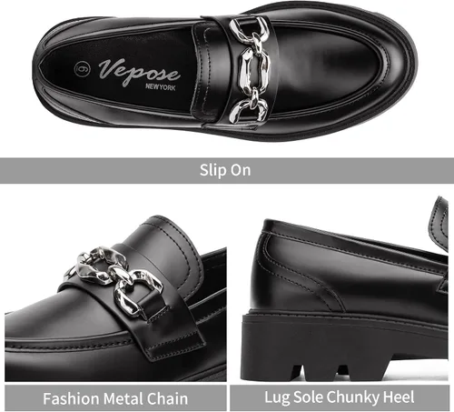 Vista 4 de Vepose Mocasines casuales de plataforma 8081 para mujer, mocasines negros con punta redonda