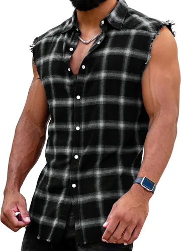 Vista 6 de Beotyshow Camisa de franela sin mangas con botones para hombre, camisas A: Azul
