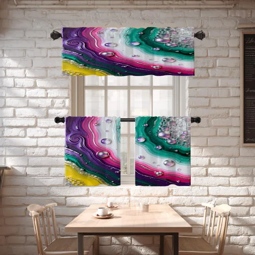 Vista 2 de Shrahala Blue Bright Blackout Curtain Tiers, Colorful Acrylic Paint Pour Abstract Design Kitchen Valance Light Blocking Tier Drapes with Rod Pocket