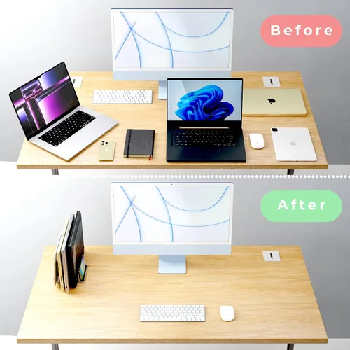 Vista 4 de Soporte ajustable para laptop, 5 ranuras, ahorro de espacio de aluminio, para Apple MacBook/Surface/Galaxy/Tablet/iPad/iPhone, plateado