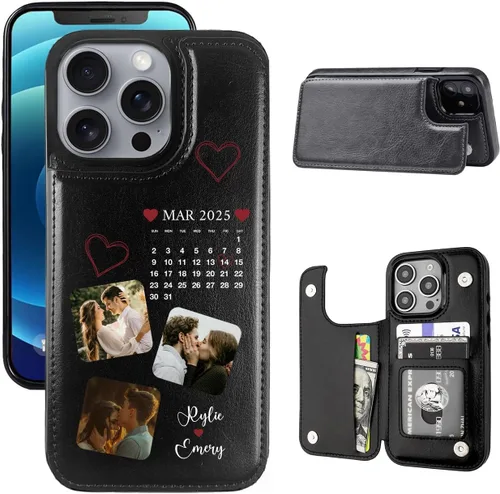 Vista 11 de Funda tipo cartera personalizada para iPhone 16/15/11/12/13/XR/X/XS SE Pro Max Mini con soporte para tarjetas, texto de imagen personalizada, a