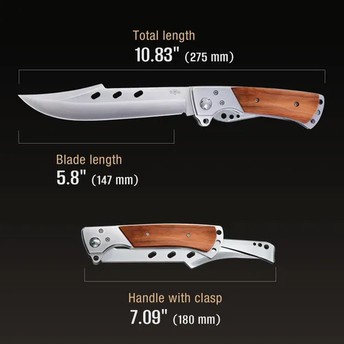 Vista 4 de Grand Way Cuchillo plegable de hoja larga – Cuchillos afilados para caza, senderismo, campamento, supervivencia táctica y trabajo para hombres