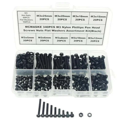 Vista 7 de Juego surtido de 540 tornillos métricos M2 M2.5 M3 M4 M5 de nylon Phillips de cabeza plana, tuercas hexagonales, arandelas planas (negro)