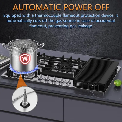 Vista 3 de Placa de cocina de gas de 36 pulgadas con plancha, estufa de gas incorporada con 5 quemadores, cocinas convertibles a NG/LPG, 5 quemadores