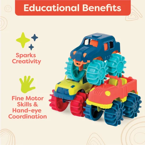 Vista 4 de B. toys – Coches de juguete de plástico – 6 – Paquete y bolsa de almacenamiento – Camiones coloridos para niños pequeños – Fácil de limpiar – Más